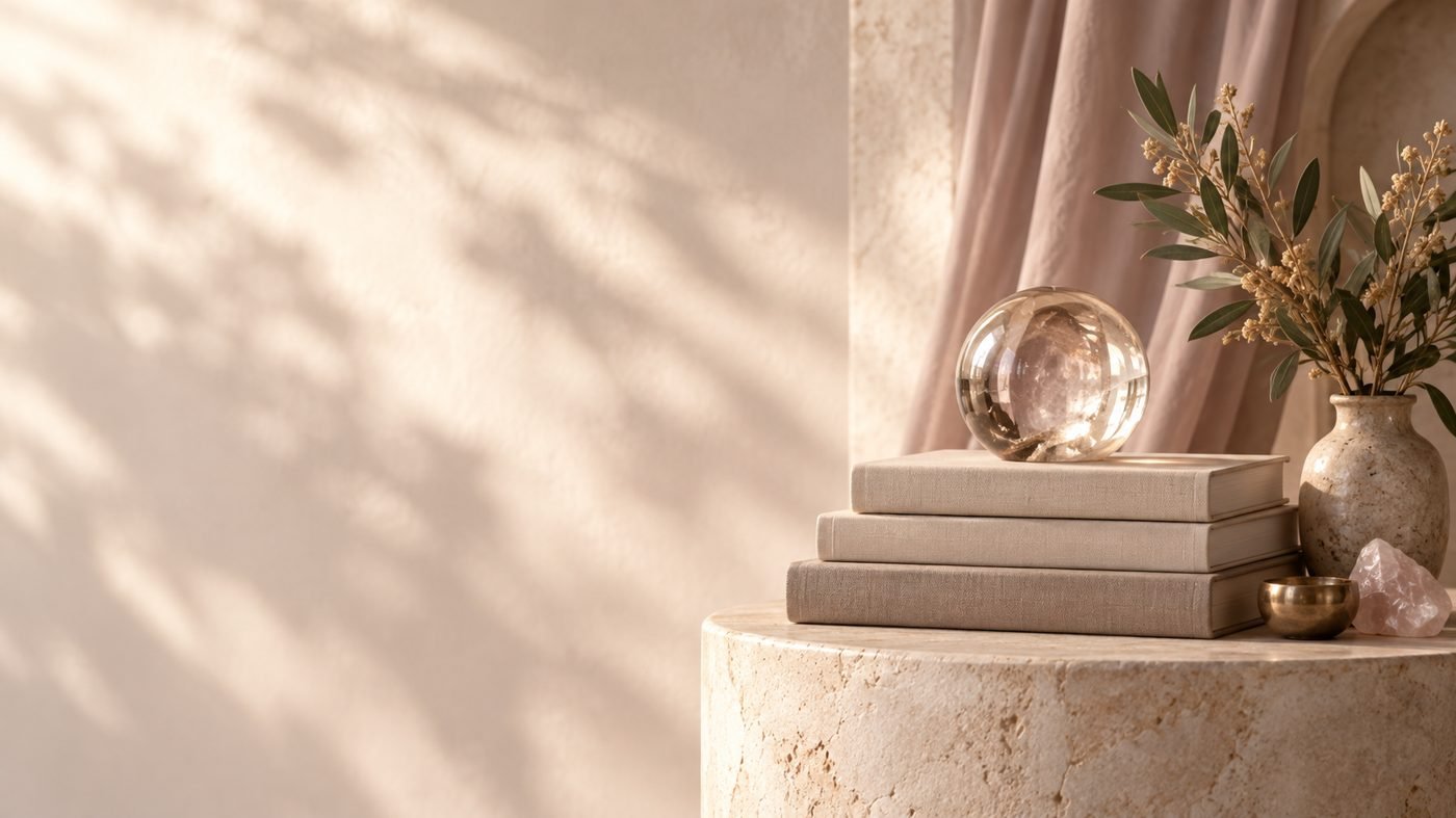 A quartz sphere resting on linen-bound books