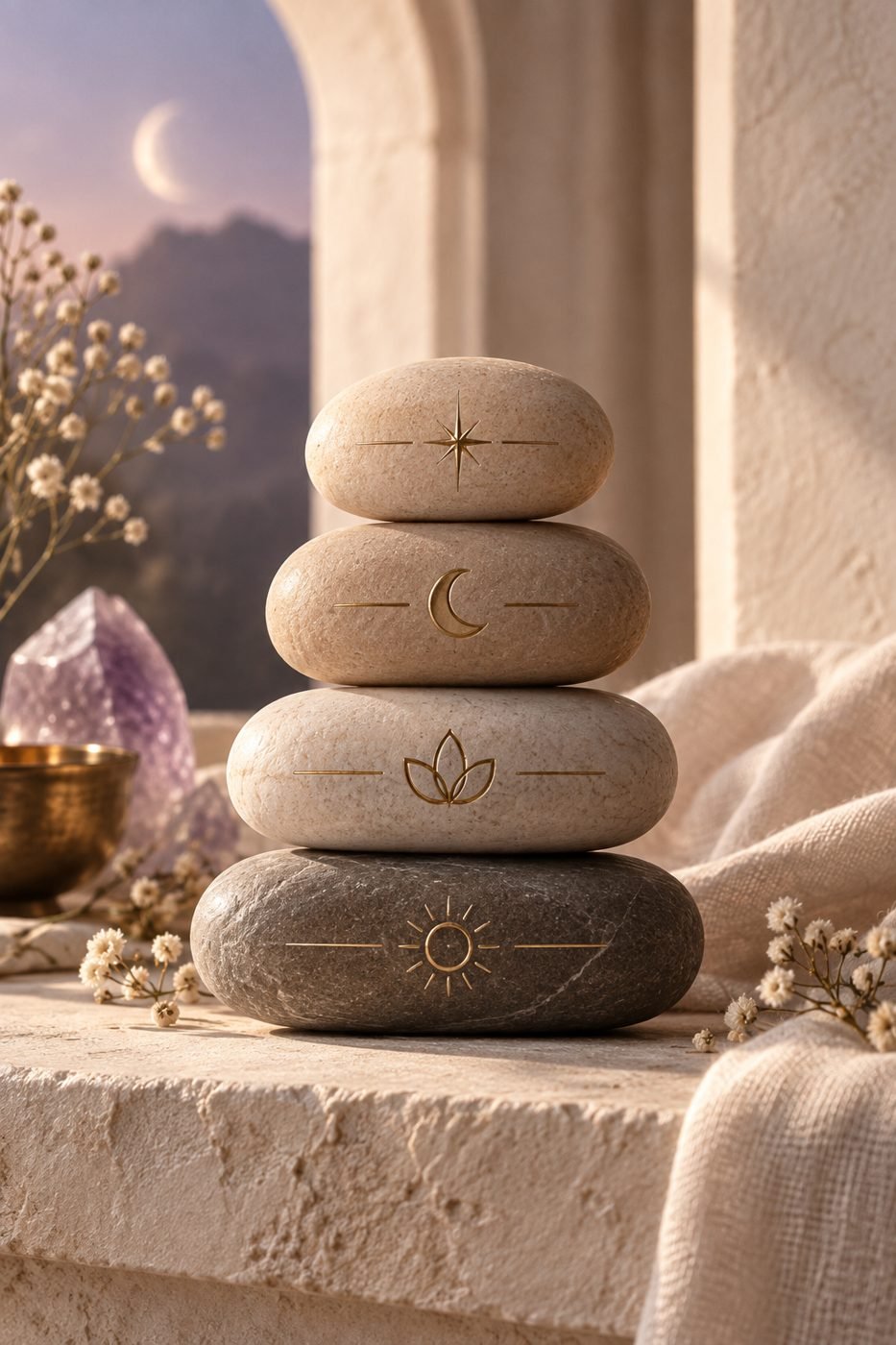 Engraved balance stones stacked on a ledge