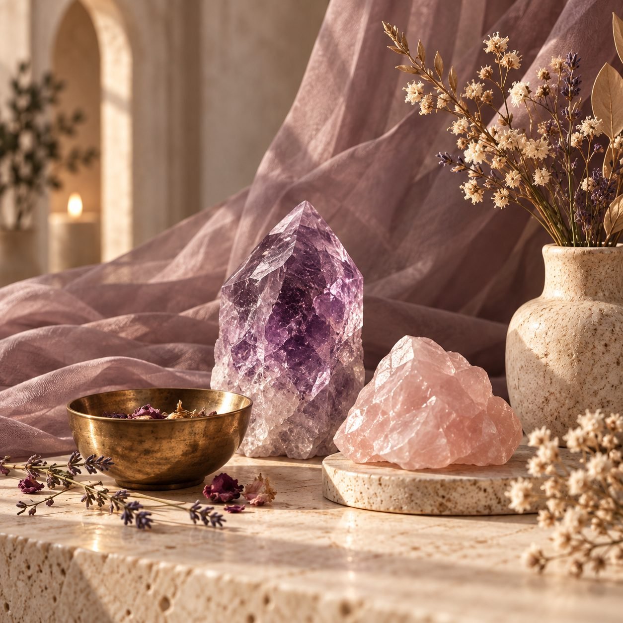 Amethyst and rose quartz on a stone plinth
