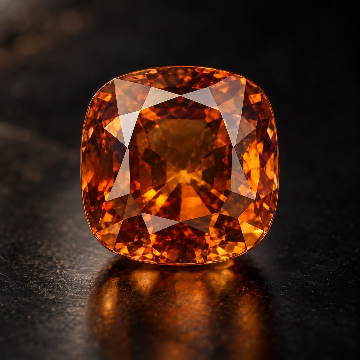 Hessonite gemstone on a dark surface