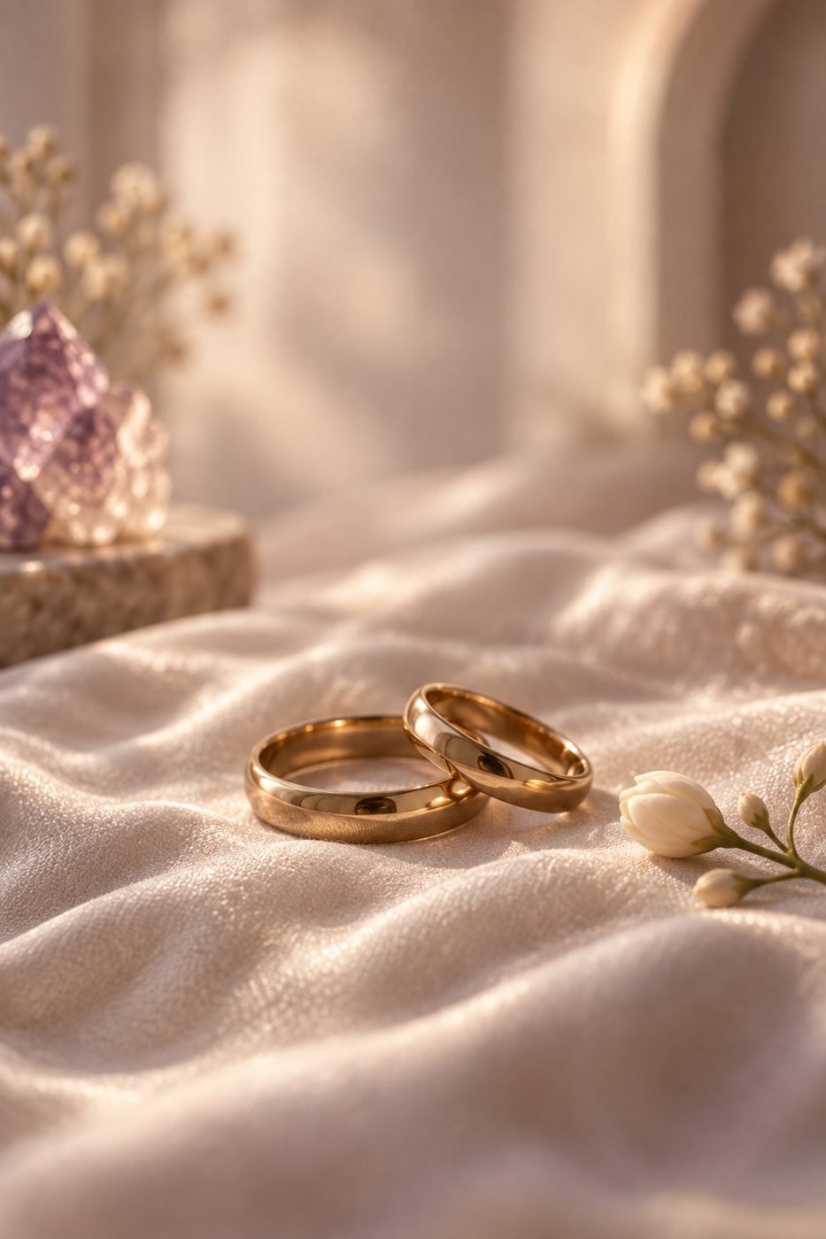 A pair of gold rings on ivory silk
