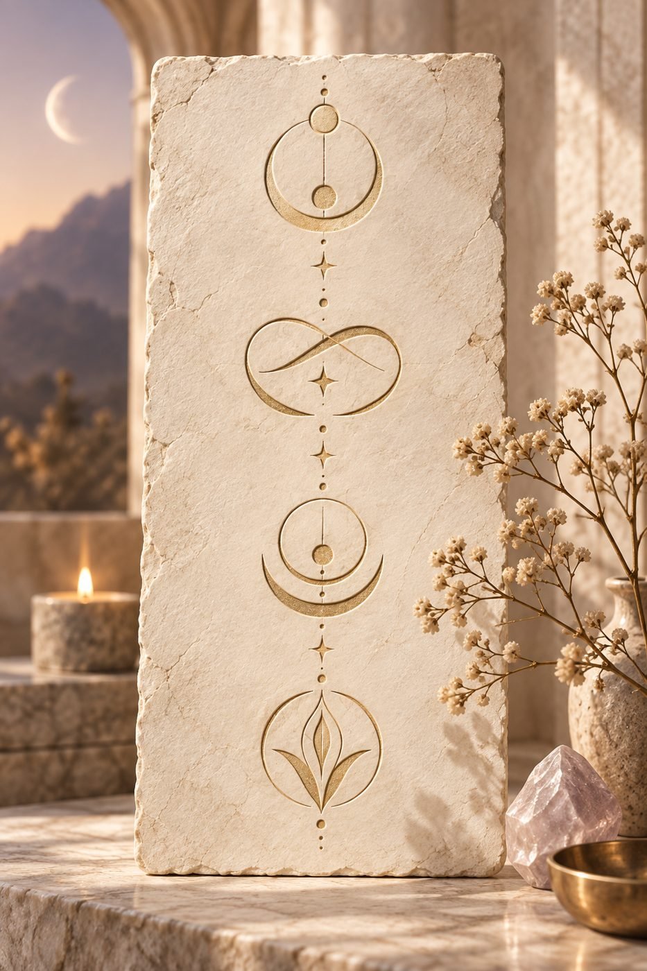 A stone tablet engraved with gilded lunar and lotus symbols