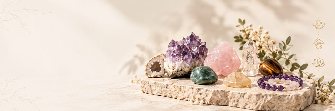 An arrangement of amethyst, rose quartz, clear quartz, tiger's eye and beaded bracelets on a stone slab